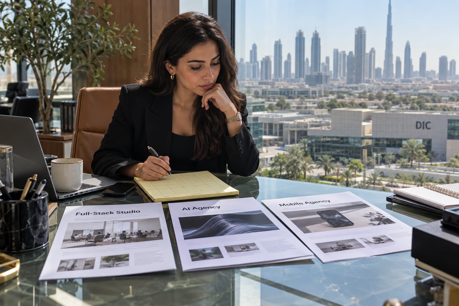 Founder at Dubai Internet City desk weighing three vendor proposals — full-stack studio, AI agency, and mobile agency.