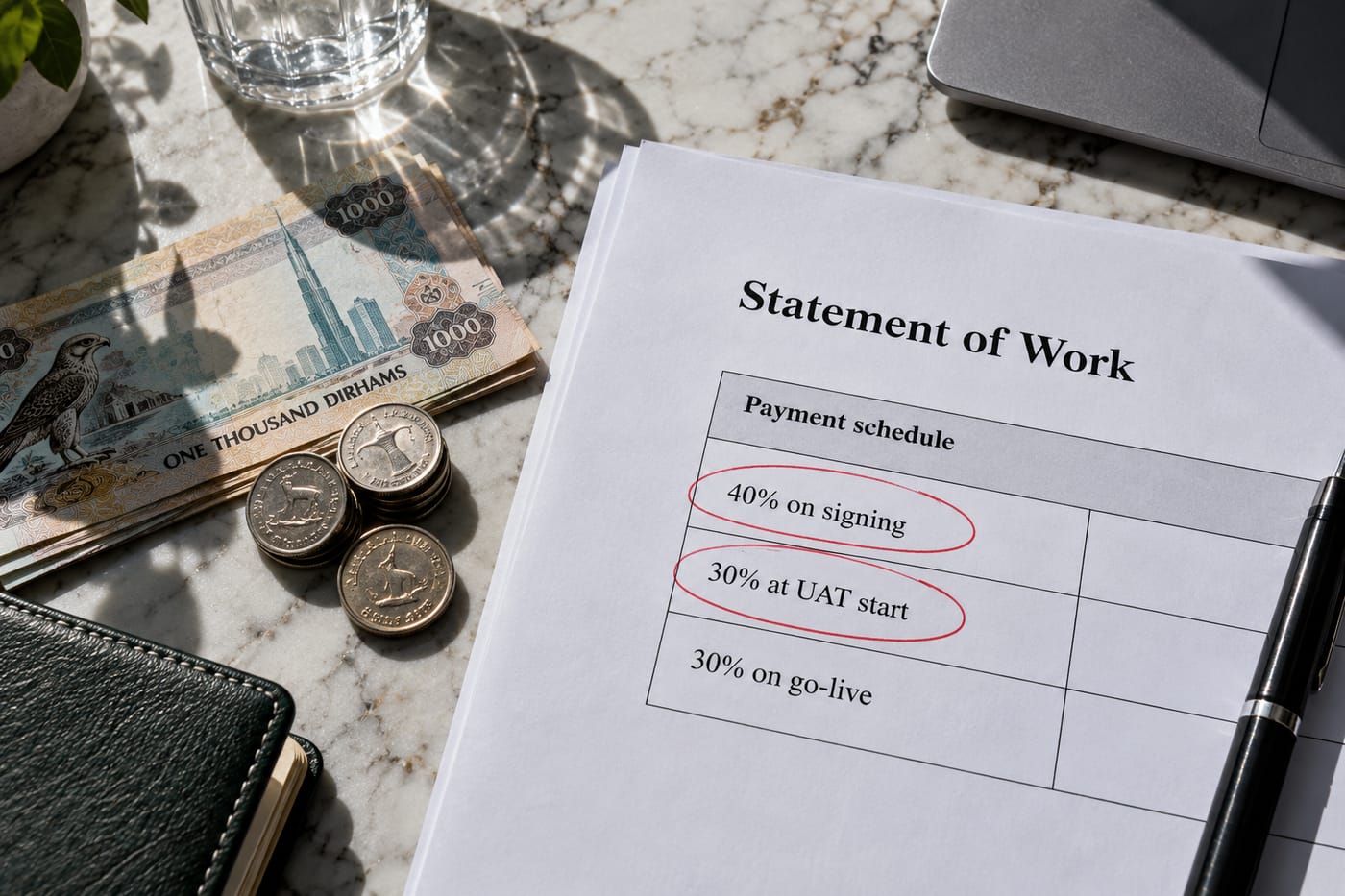 Close-up of a payment schedule table in a contract showing front-loaded milestones circled in red pen.