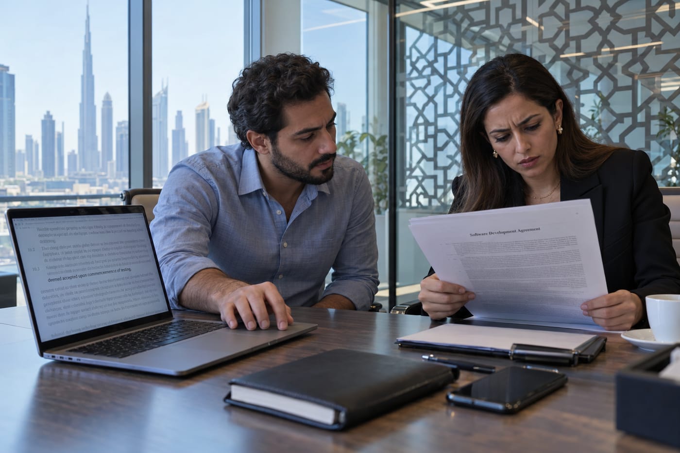 A founder and developer review a UAT acceptance clause on a laptop in a Dubai conference room.