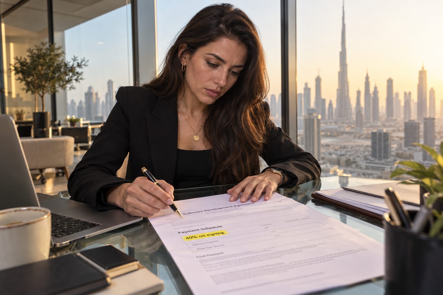 A Dubai founder studies a front-loaded payment schedule in a printed offshore dev contract at her desk.