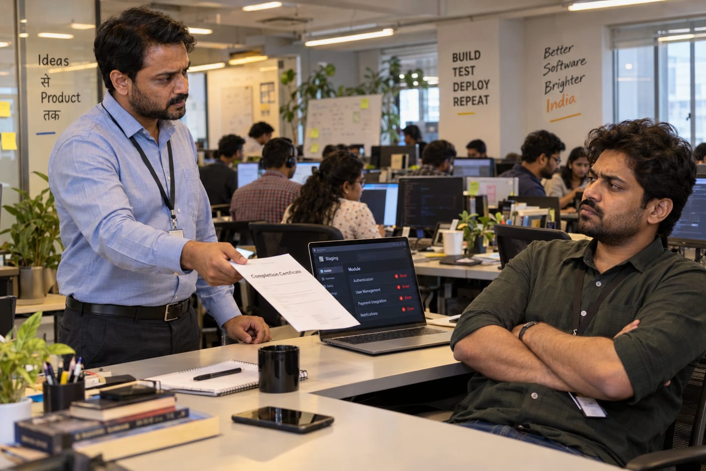 Vendor handing a completion certificate to a skeptical client QA lead in an Indian office, laptop showing errors on staging.