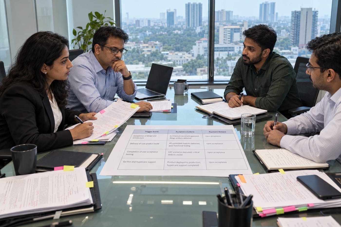 Lawyer and COO negotiating software contract milestone clauses across a table in a Bengaluru law firm conference room.