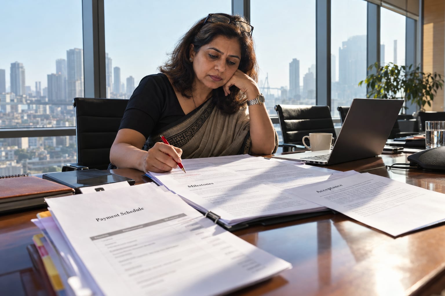 Indian executive reviewing a software contract payment schedule in a Mumbai boardroom, red pen poised over milestone clauses.