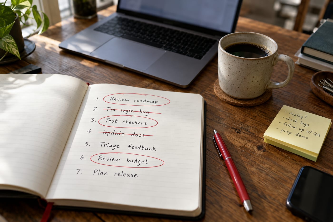 Overhead view of a desk with a handwritten prioritized task list, crossed-out items, and an out-of-focus laptop screen.