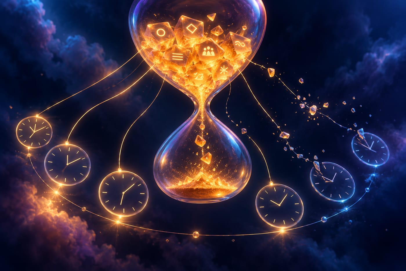 Abstract AI visual of a glowing hourglass with task fragments and snapping threads, representing planning limits and trade-offs.