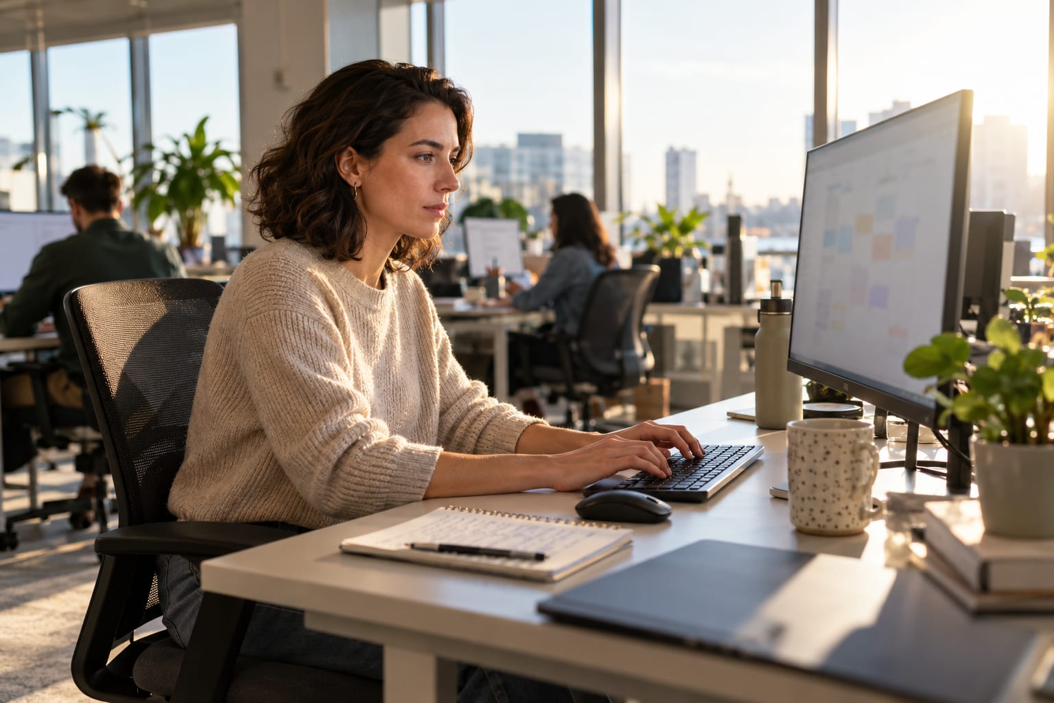 Woman at a standing desk reviewing her week on a blurred calendar monitor, notepad beside her keyboard, Monday morning office light.
