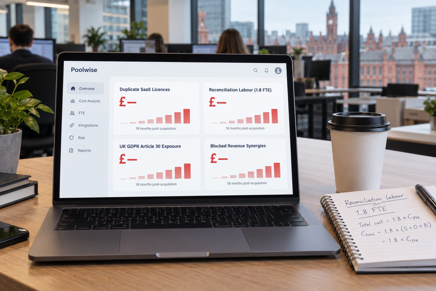 Laptop dashboard showing four post-acquisition cost pools in sterling on a finance-team desk in a UK open-plan office.