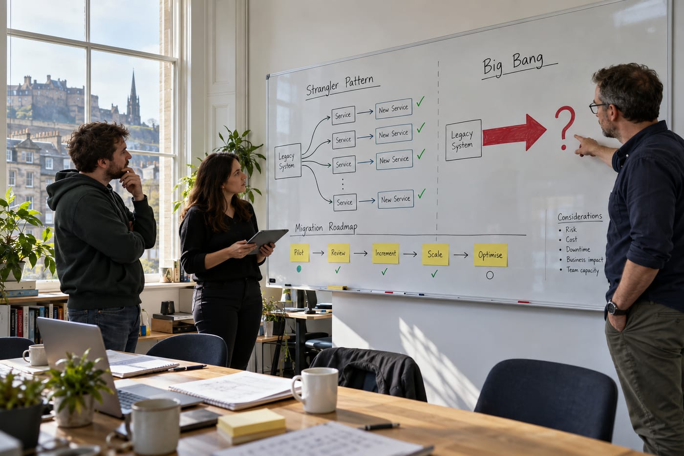 Three colleagues in an Edinburgh studio debate a whiteboard showing strangler-fig versus big-bang migration diagrams with phased timelines.