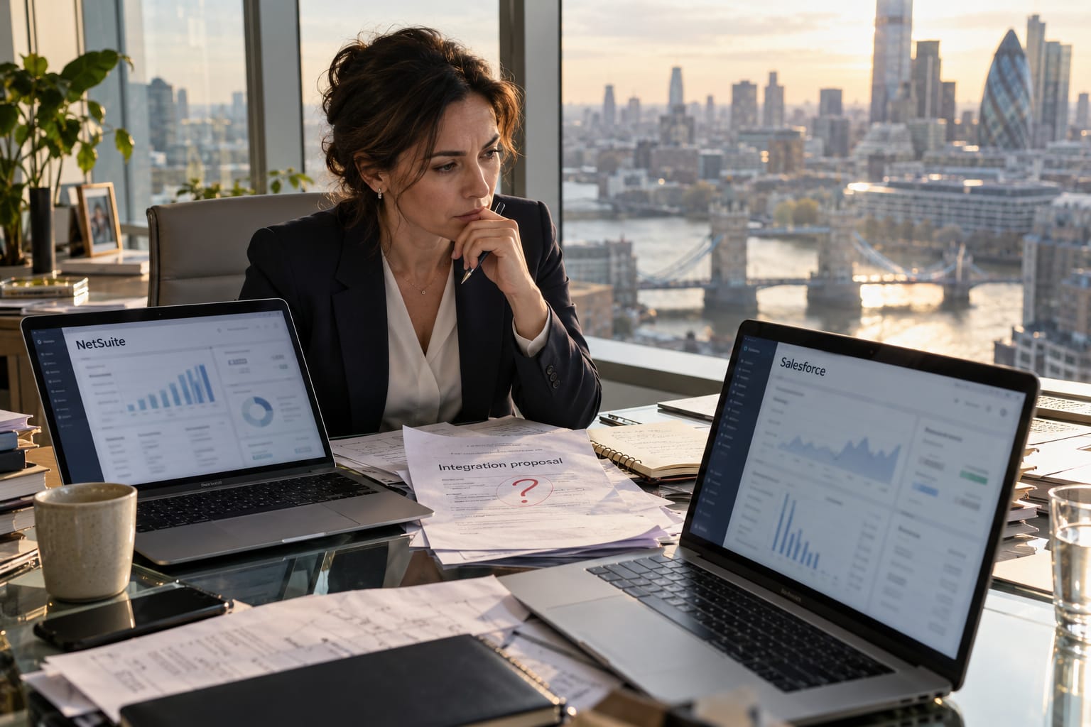 A CFO at a City of London desk reviewing two conflicting ERP dashboards on separate laptops alongside a marked-up integration proposal.