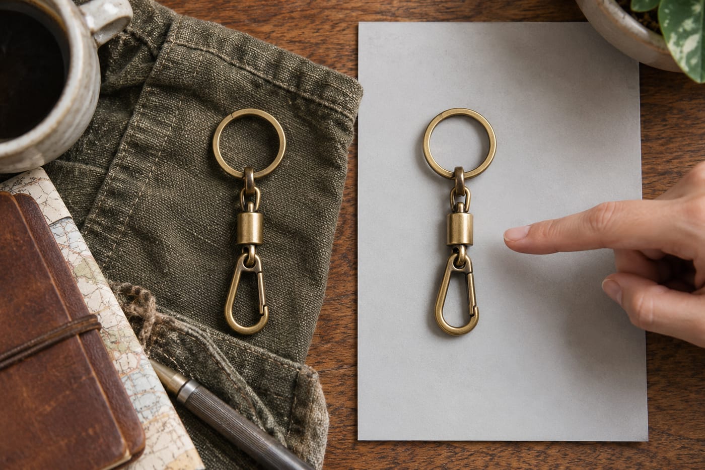 Side-by-side flat-lay showing a raw iPhone product snapshot next to an improved clean-background version of the same keyring.
