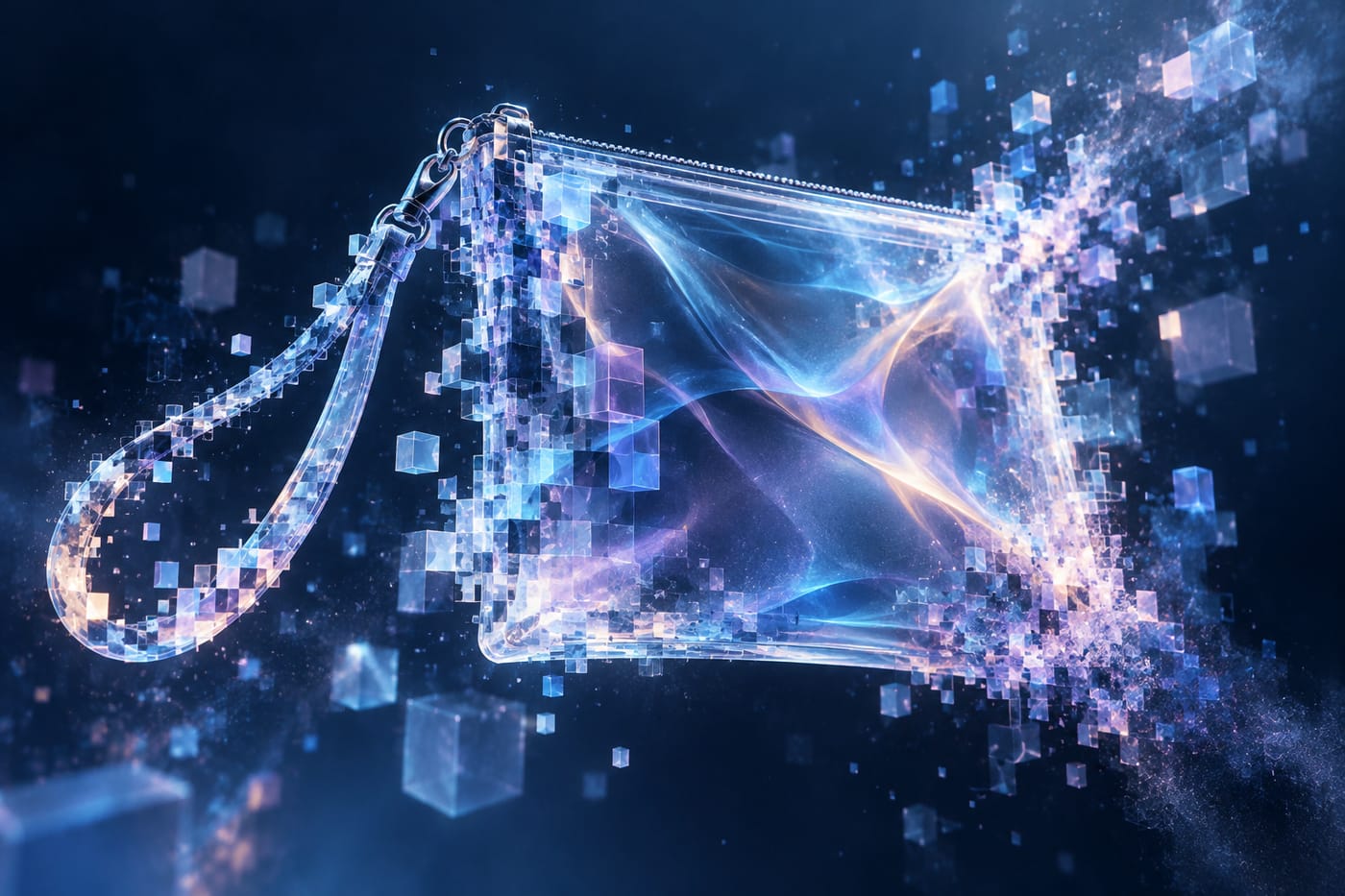 Synthetic illustration of a bag silhouette dissolving into drifting pixels, representing AI background-removal errors.