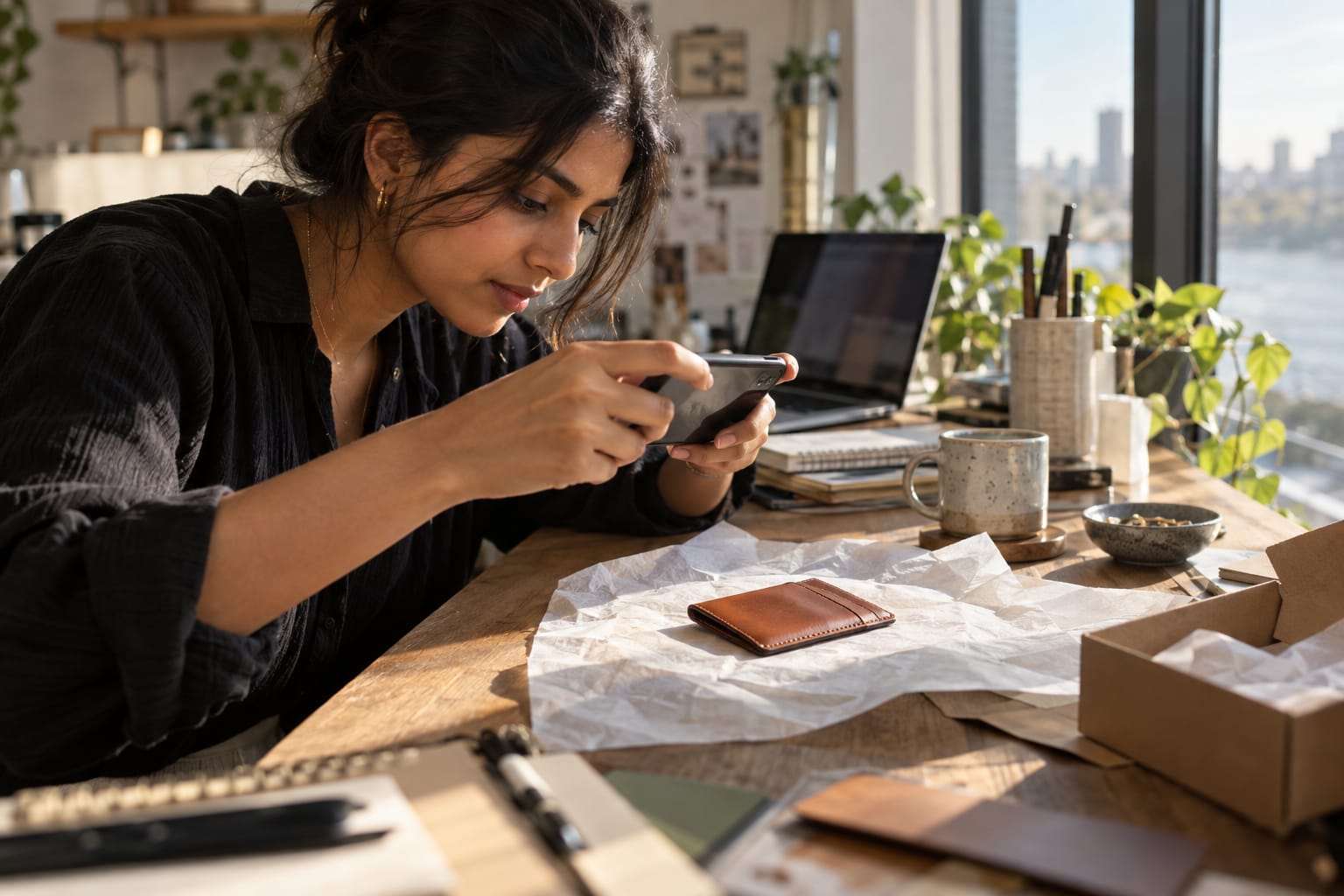 Woman photographing a leather wallet on her desk with an iPhone in natural window light, laptop open in the background.