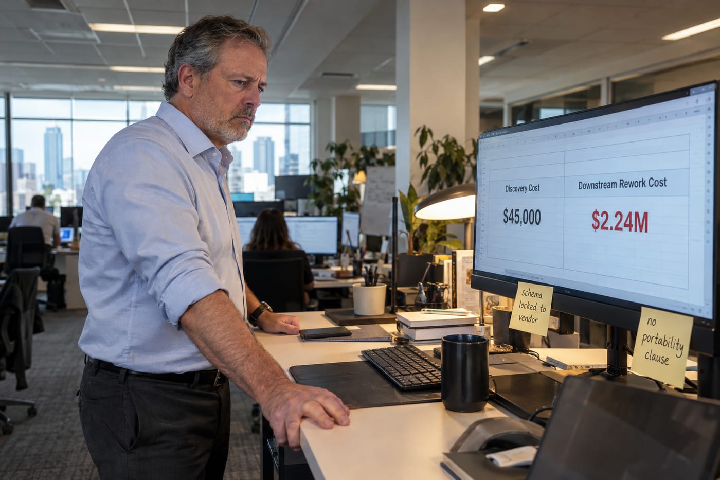 A COO compares a $45K discovery cost against a $2.24M downstream rework cost on a dual-monitor spreadsheet.