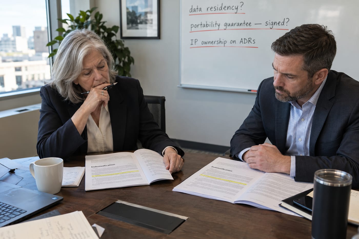 A general counsel and CISO review a vendor discovery contract, with whiteboard notes flagging portability and IP ownership questions.