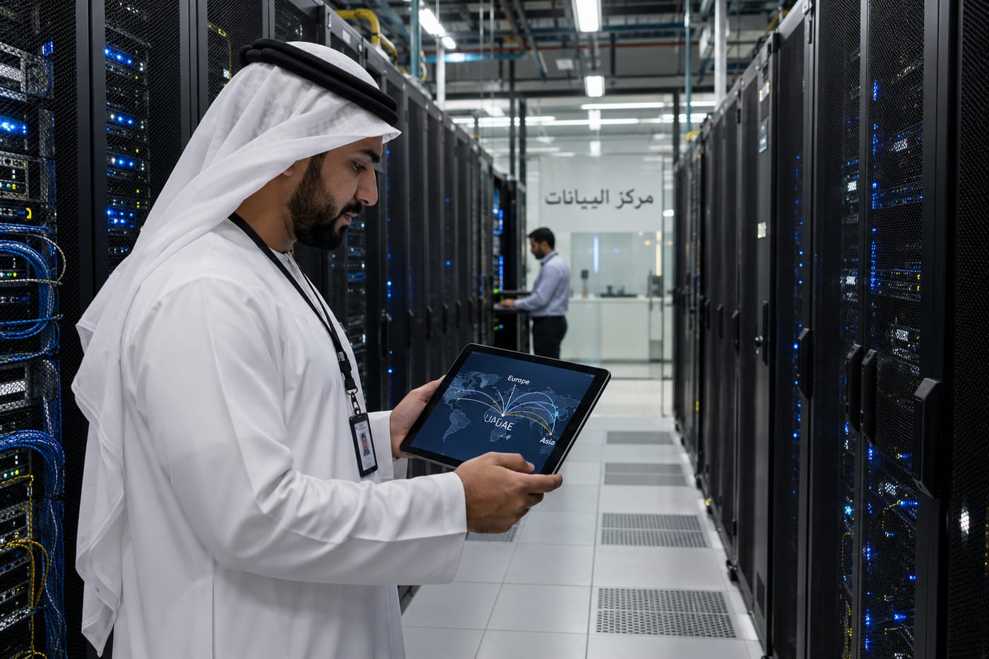 Emirati IT manager reviewing data residency flows inside a UAE data center corridor