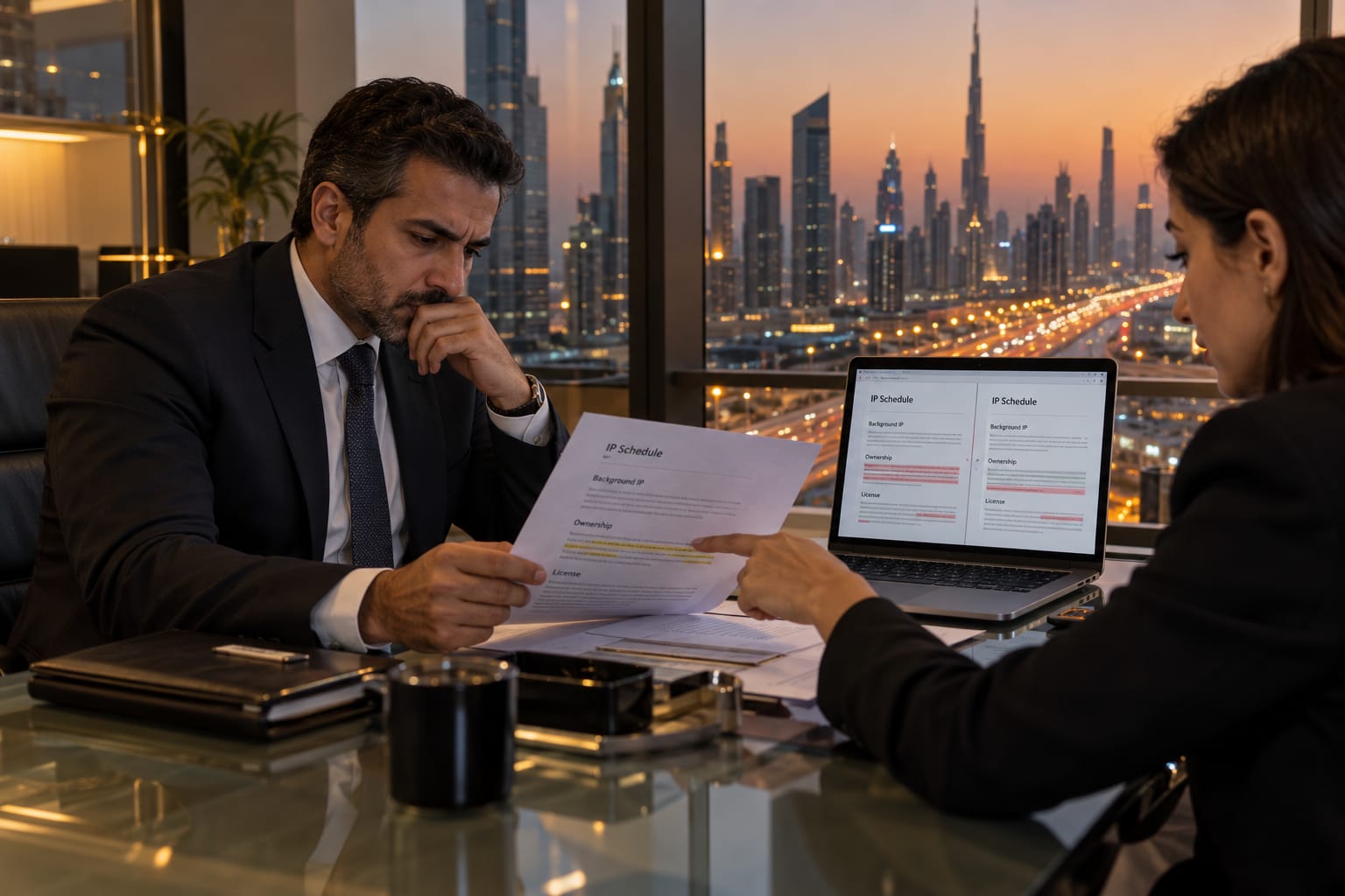 CIO reviewing an AI development contract at a Dubai office with the Sheikh Zayed Road skyline at dusk