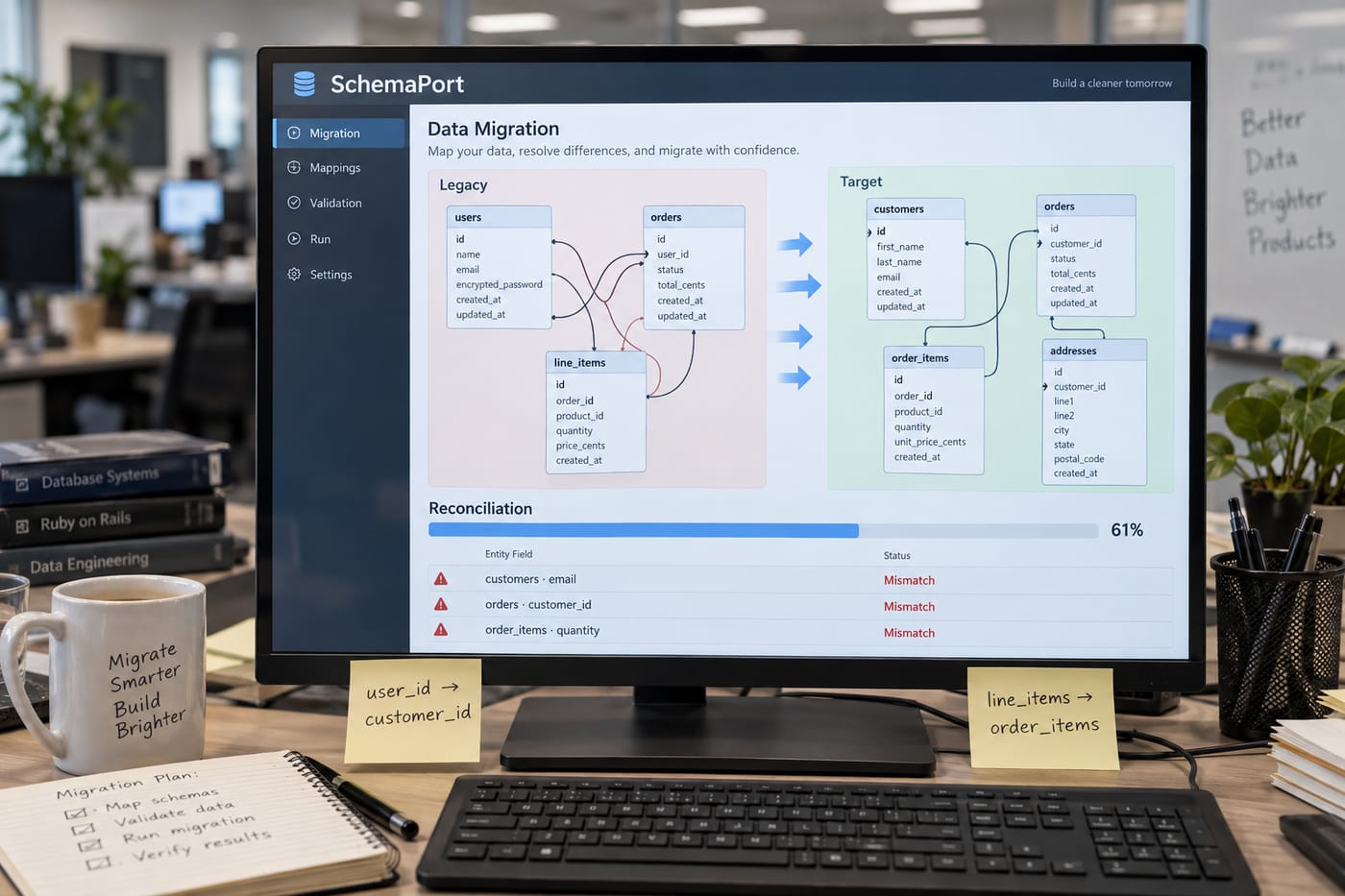 Data migration dashboard on a monitor showing legacy vs target schema reconciliation with a 61% progress bar and error flags.