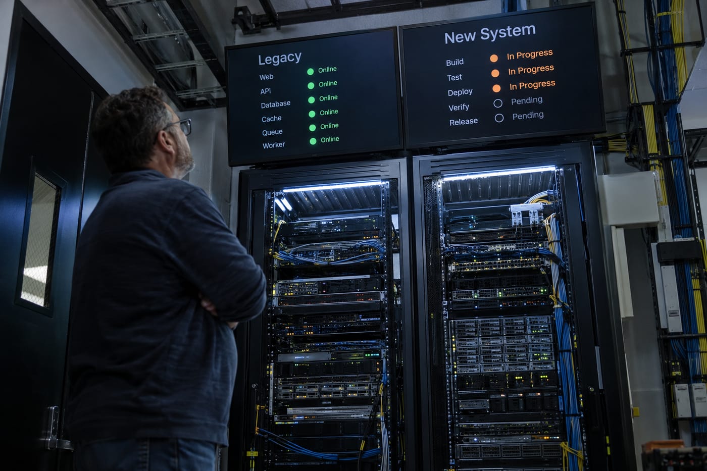 Engineer monitoring two parallel server environments — legacy and new system — running simultaneously in a US data center.