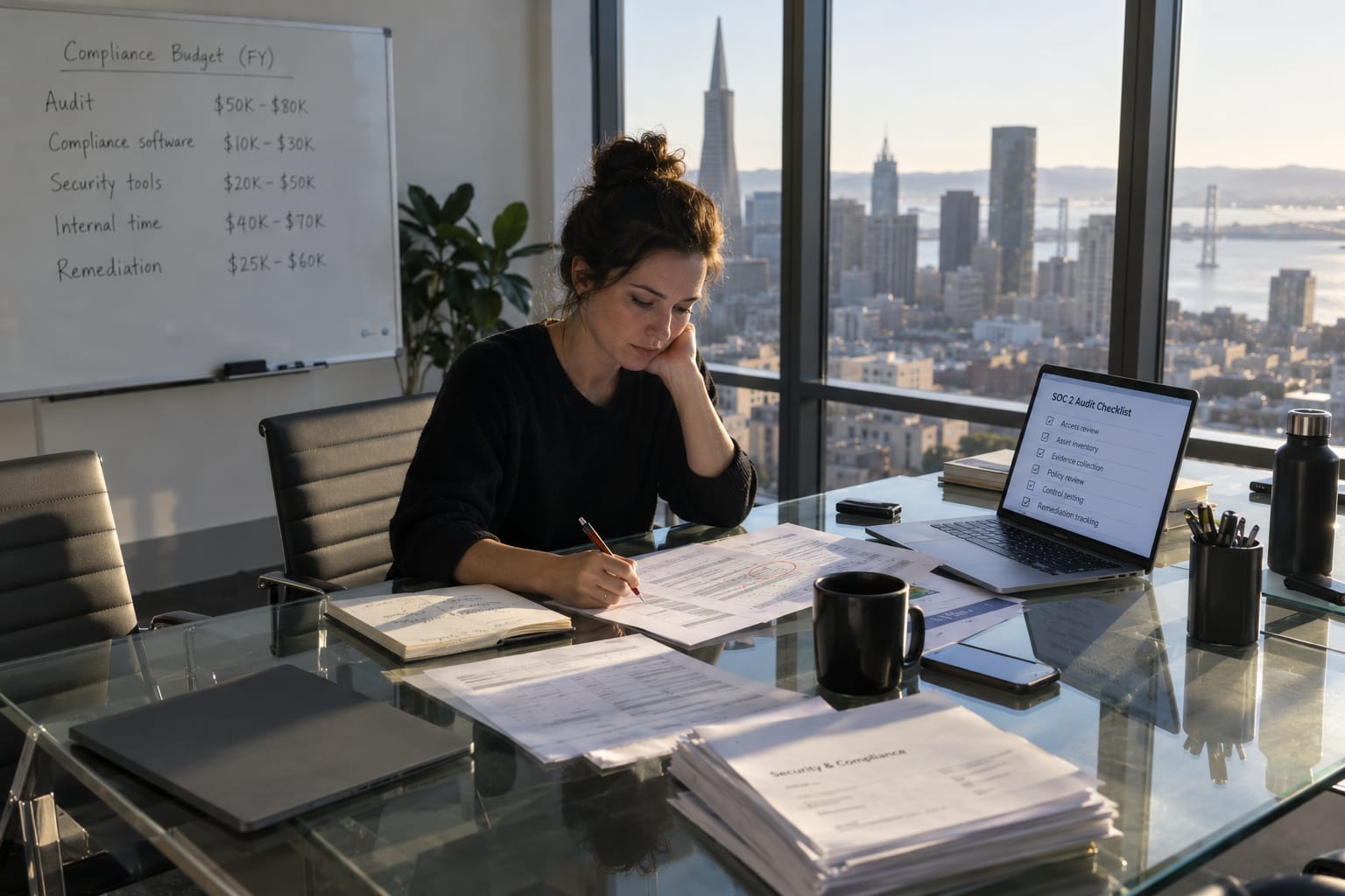 Founder reviewing a legacy system replacement budget breakdown at a conference table with SOC 2 audit materials and spreadsheets.