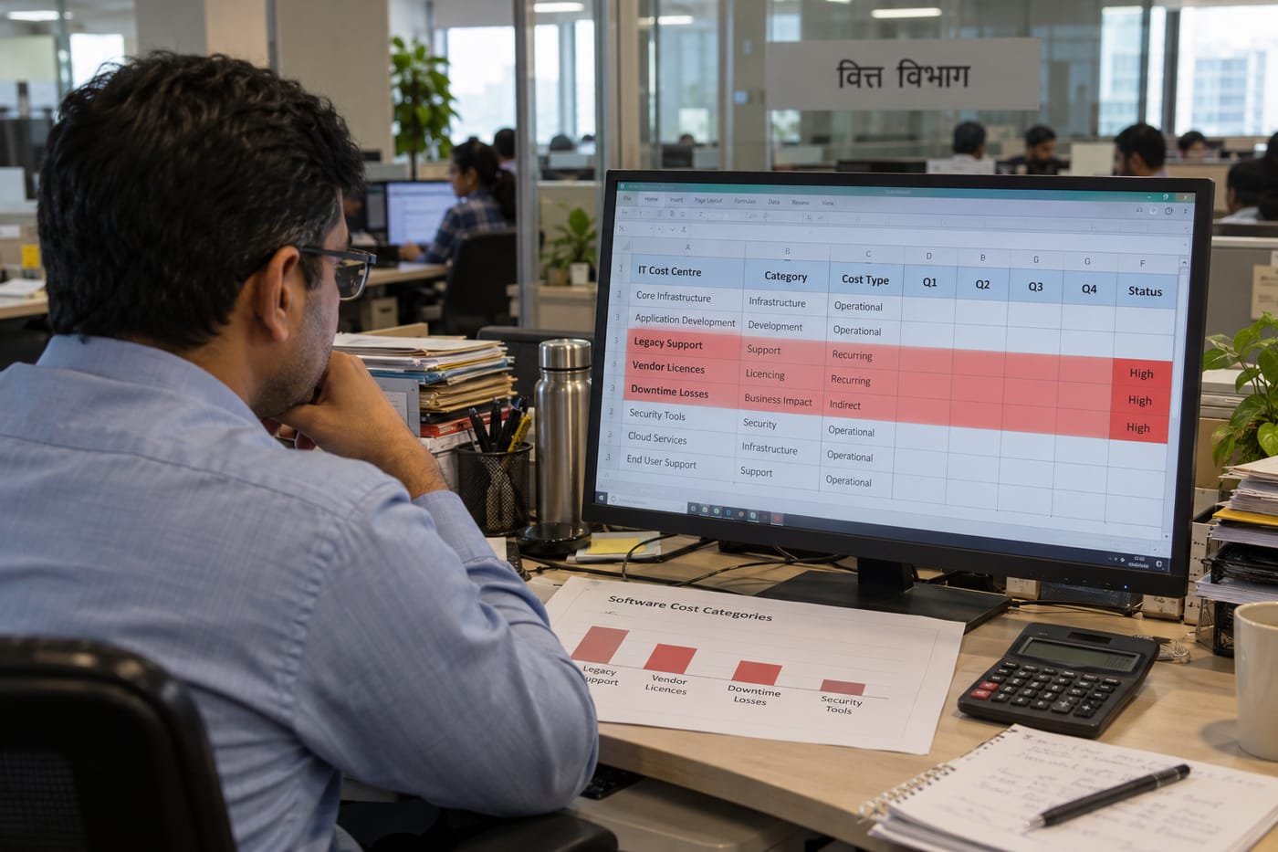 Finance manager in Indian office reviewing legacy IT cost spreadsheet with red-highlighted budget line items