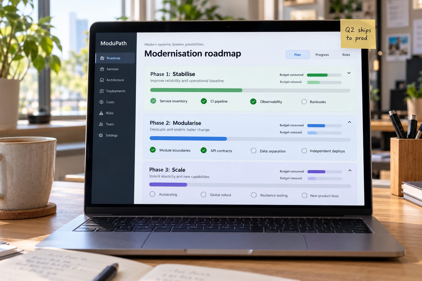 Laptop screen showing a three-phase software modernisation roadmap with budget and milestone tracking