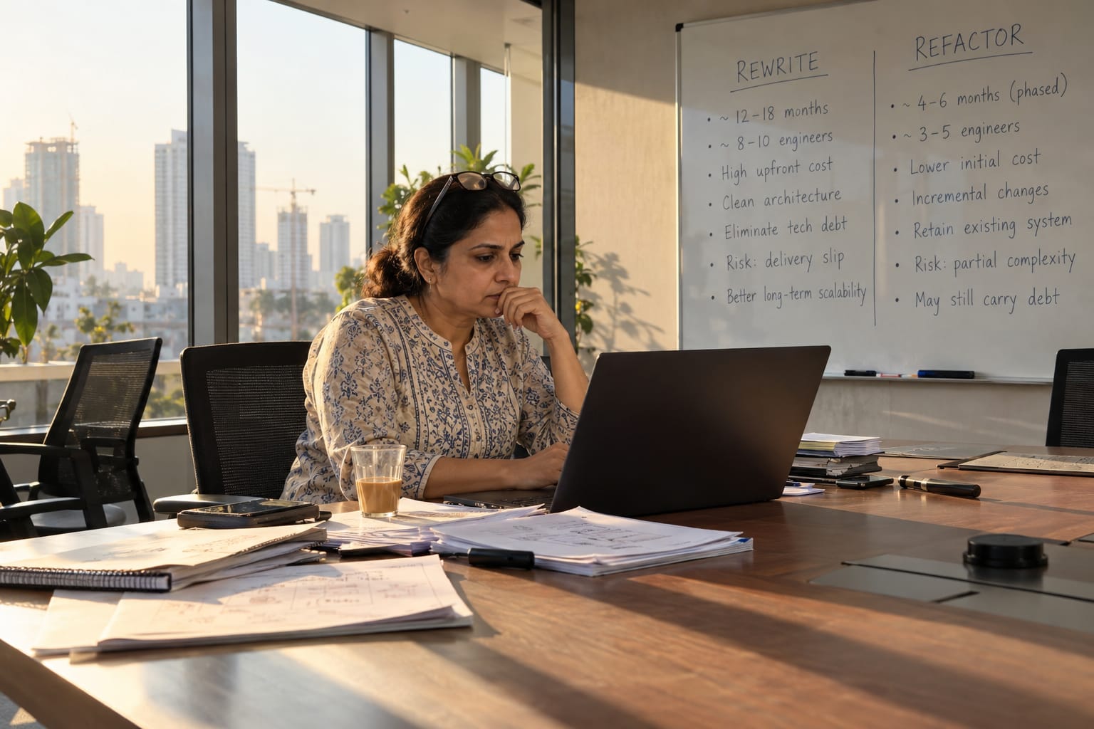 Indian COO at a conference table weighing rewrite vs refactor options, whiteboard with costs visible behind her