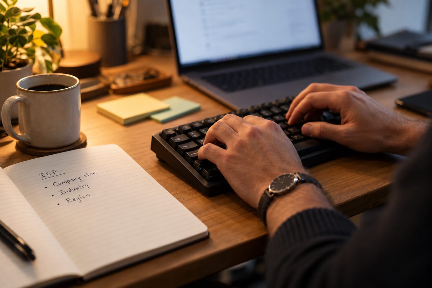 Hands typing on a keyboard beside a handwritten ICP notes page, laptop screen blurred and turned away.