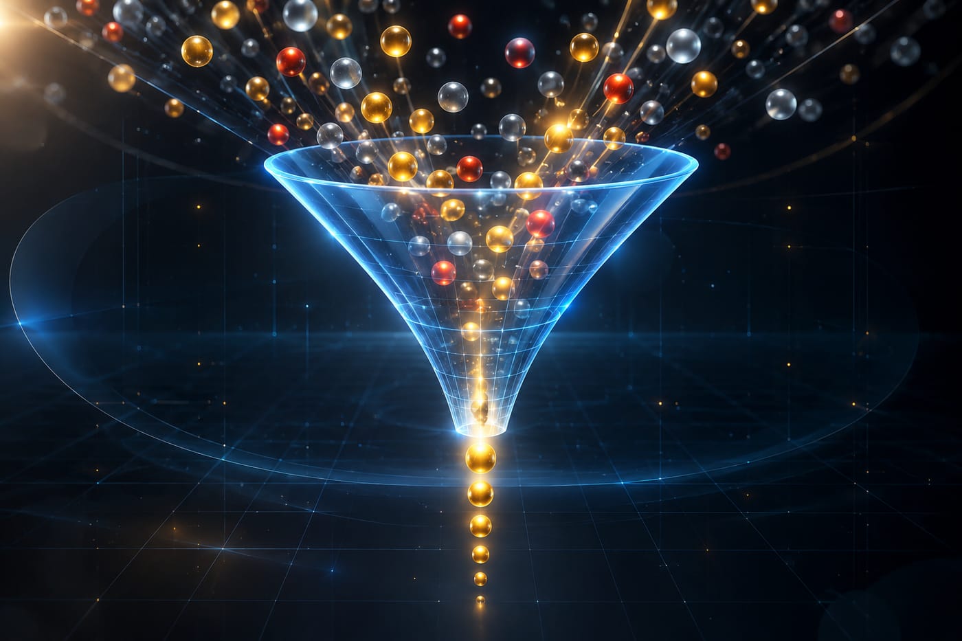Abstract ai visual of a glowing funnel filtering coloured data orbs, representing lead scoring and prioritisation.