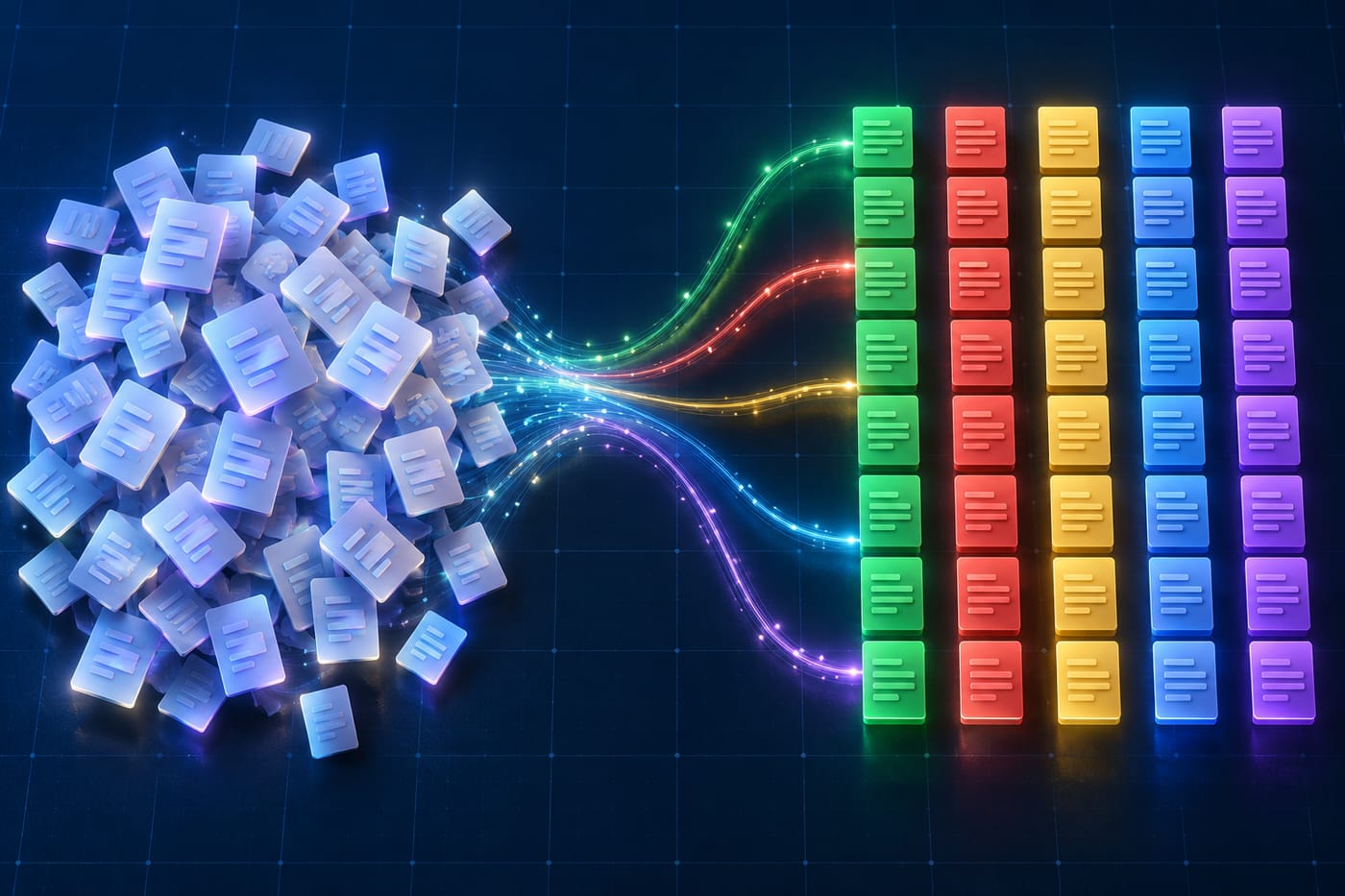 Abstract illustration of fifty document cards being sorted by glowing lines into color-coded pass, fail, and maybe groups.