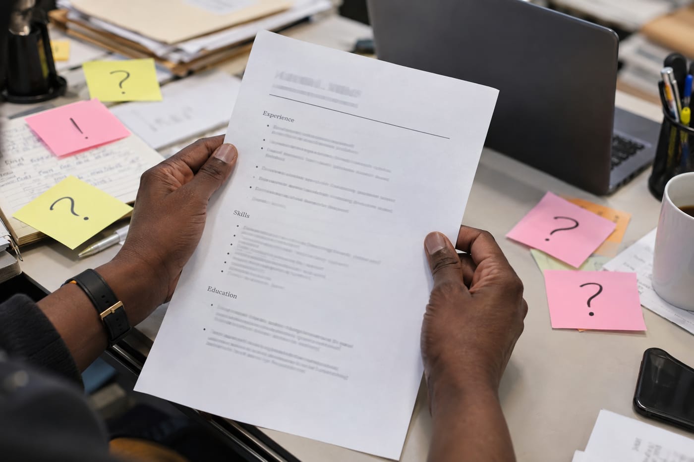Recruiter's hands holding a printed résumé above a desk covered in question-mark sticky notes, laptop screen turned away.