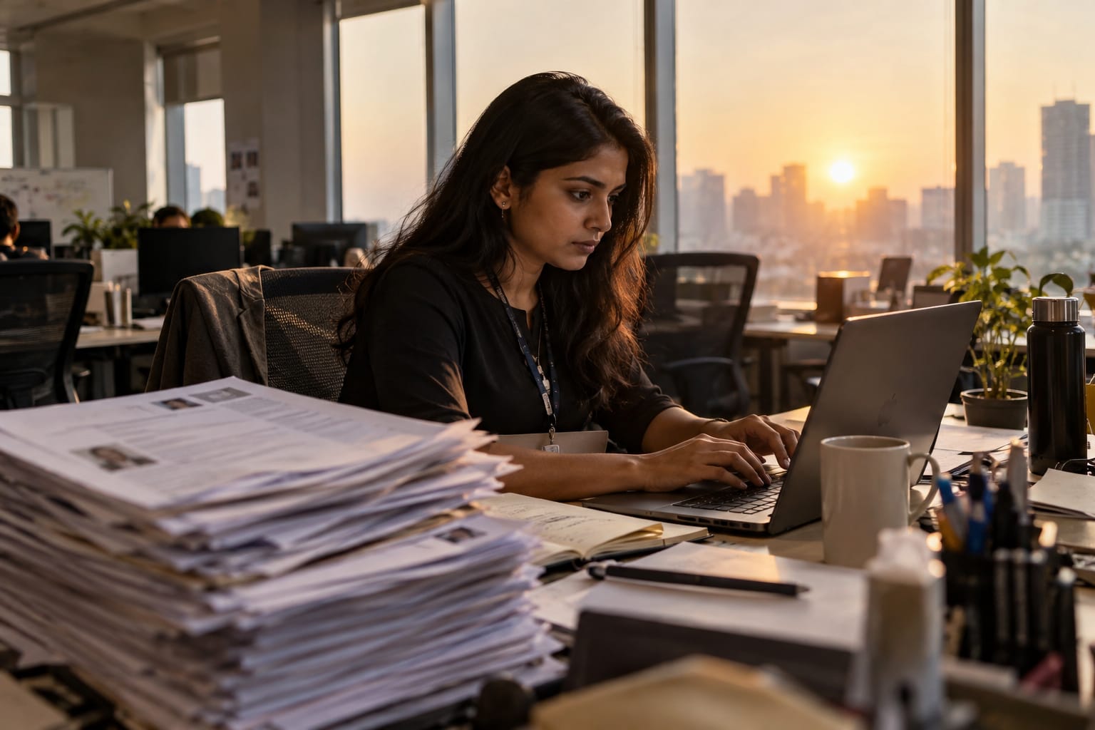 Solo HR coordinator surrounded by a stack of printed résumés at a cluttered office desk, typing on a laptop.