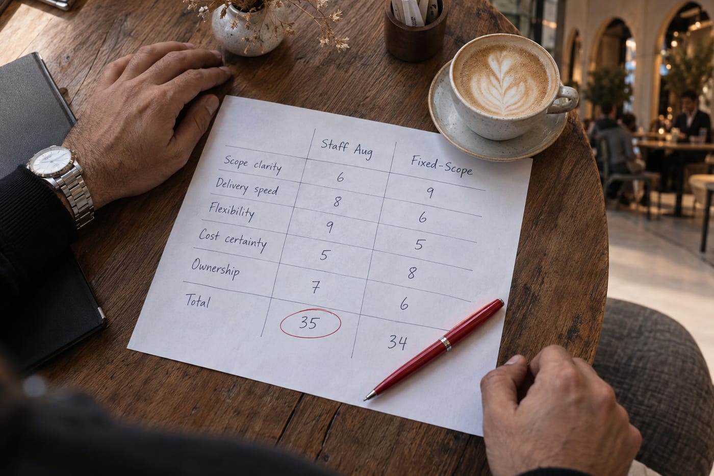 Founder's hands scoring a staff-augmentation vs fixed-scope comparison card at a Dubai café table.