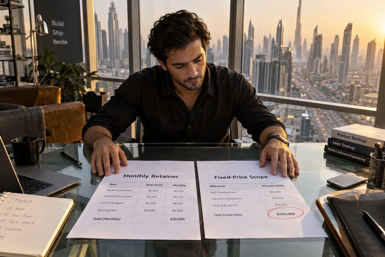 Dubai founder weighing two software proposals — a monthly retainer and a fixed-price contract — on a glass desk at golden hour.