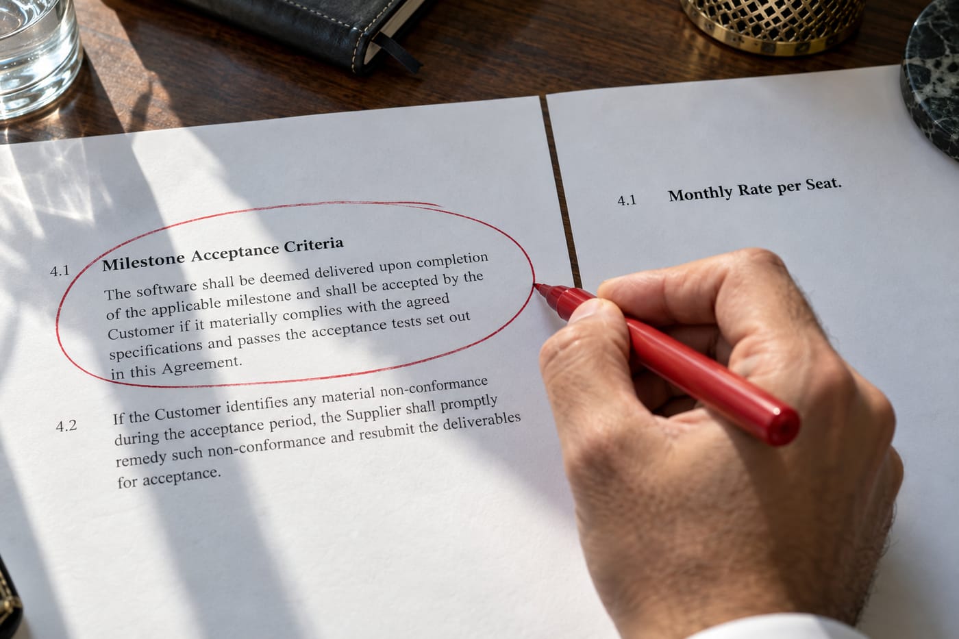 Close-up of two contracts side by side; a red pen circles a milestone acceptance clause on one while the other shows only a rate-card section.