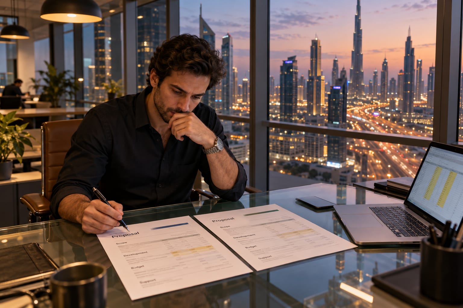 Dubai founder comparing two vendor proposals at a glass desk with the Sheikh Zayed Road skyline at dusk behind him.
