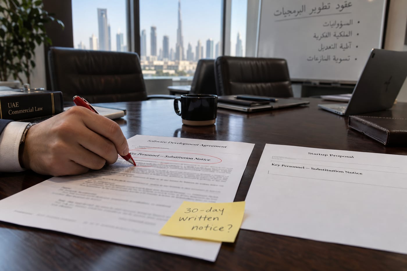 Hand circling a key personnel substitution clause on a dev studio contract in a Dubai law office