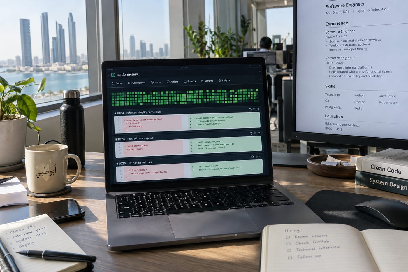 GitHub commit history and pull request diffs on a laptop screen being compared to a developer résumé in a UAE office