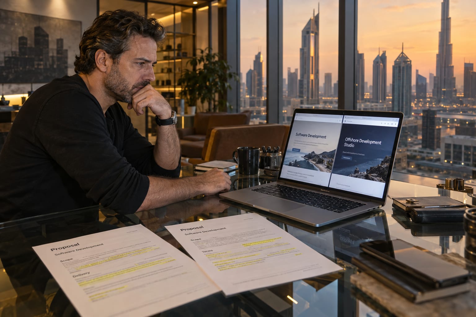 Dubai founder comparing two near-identical offshore dev studio proposals at a glass desk with the DIFC skyline behind him