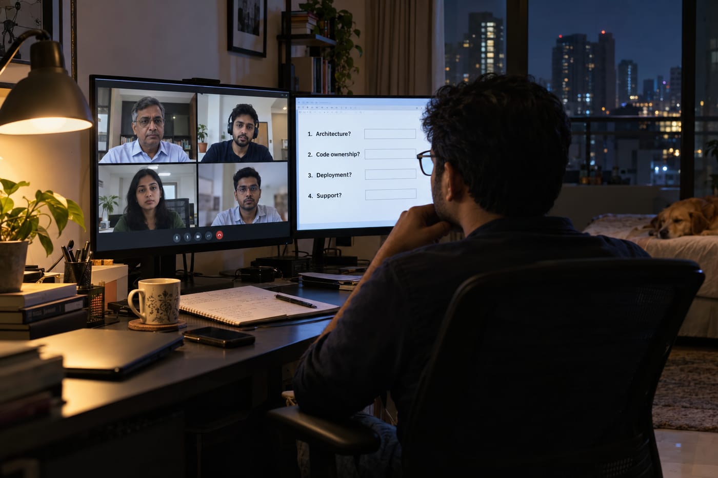 Indian founder conducting a final vendor interview over video call with a numbered question list visible on a second screen