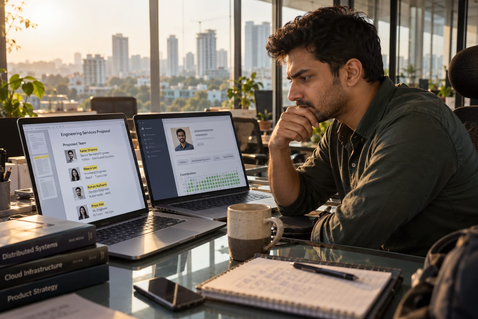 Indian SaaS founder comparing vendor engineer profiles on two laptops before signing a software development contract