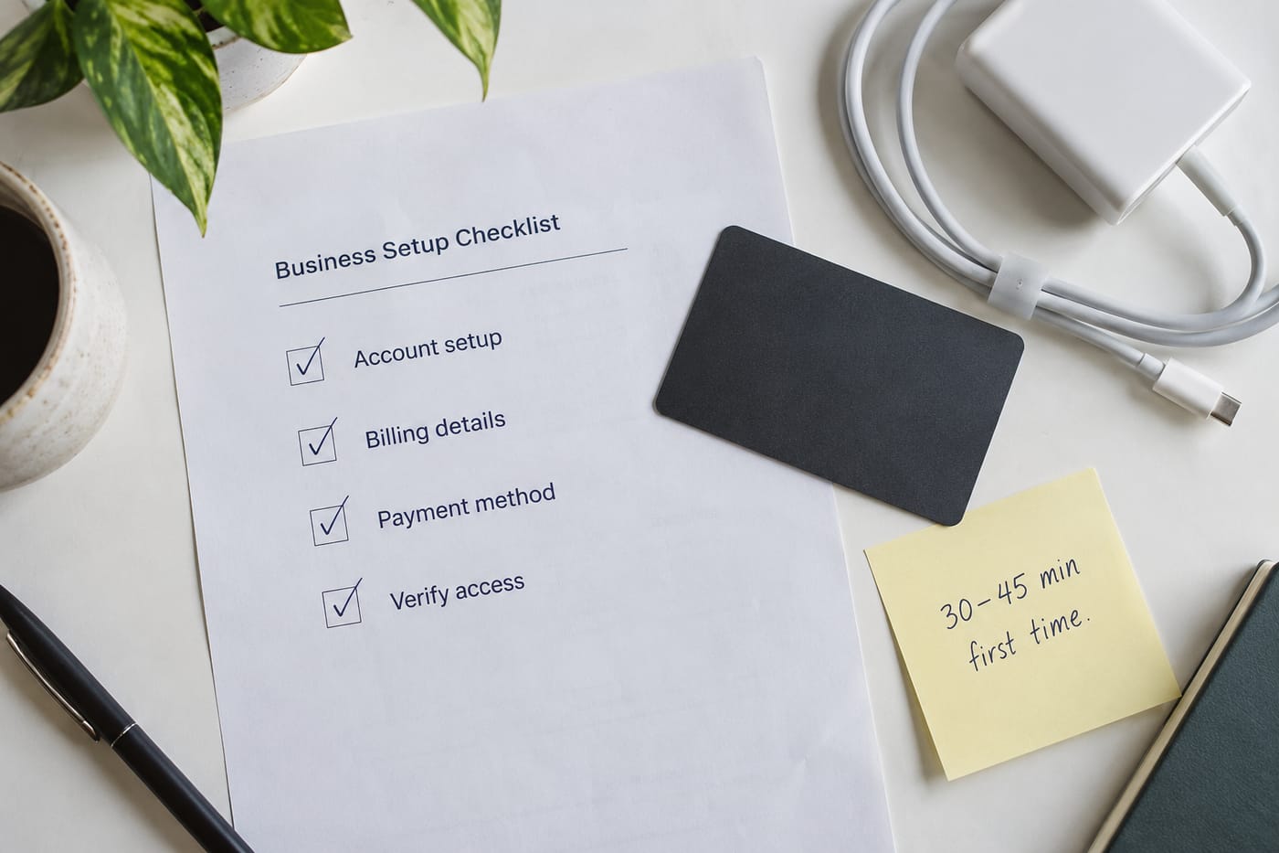 Flat-lay of a checklist, a face-down credit card, and a sticky note on a white desk.