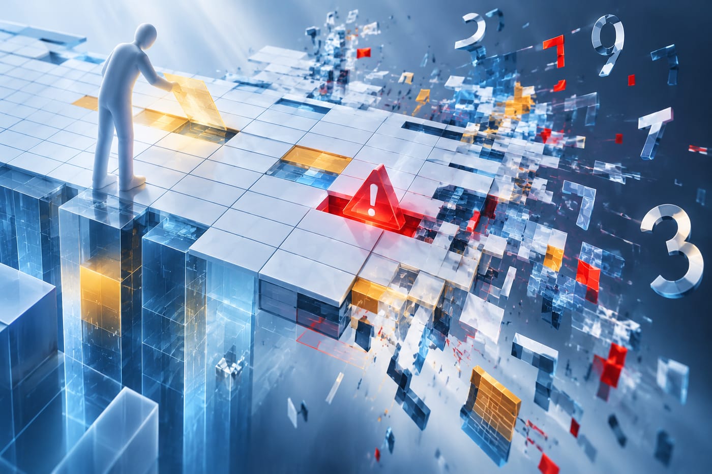 Abstract illustration of a spreadsheet breaking apart at the edges with floating data fragments and red warning markers.