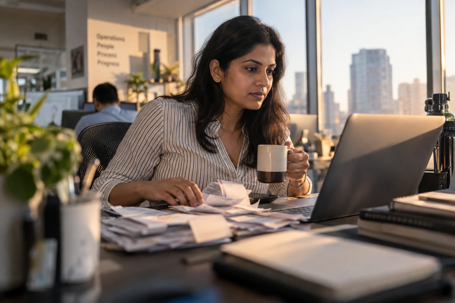 Operations manager reviewing expense documents at a bright office desk, laptop screen blurred, coffee in hand.
