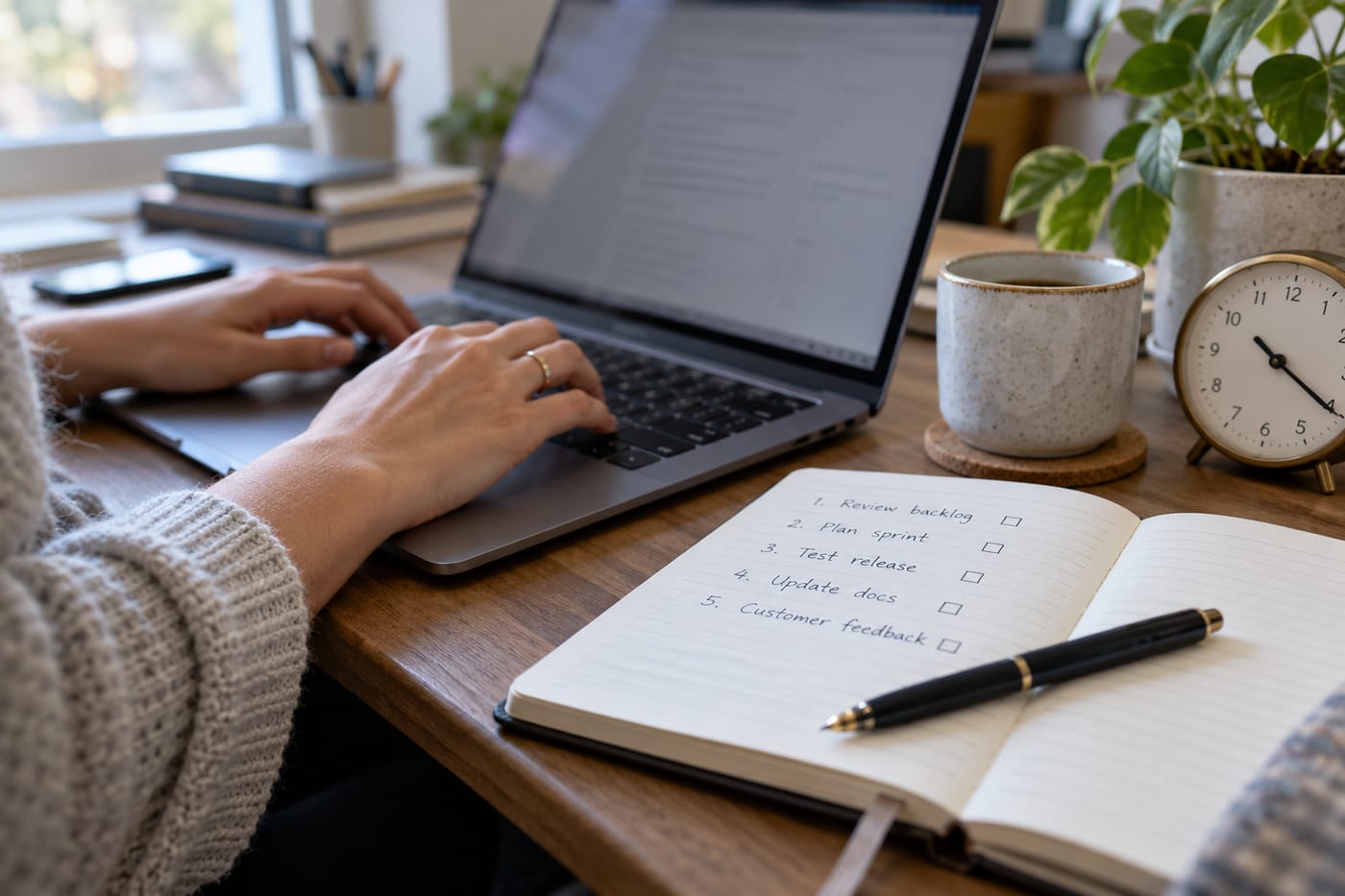 Hands at a laptop keyboard beside a handwritten five-item checklist, screen turned away and blurred