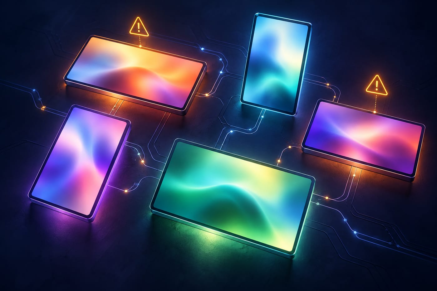 Synthetic flat-lay of five glowing video frames with amber warning icons, no logos or readable text