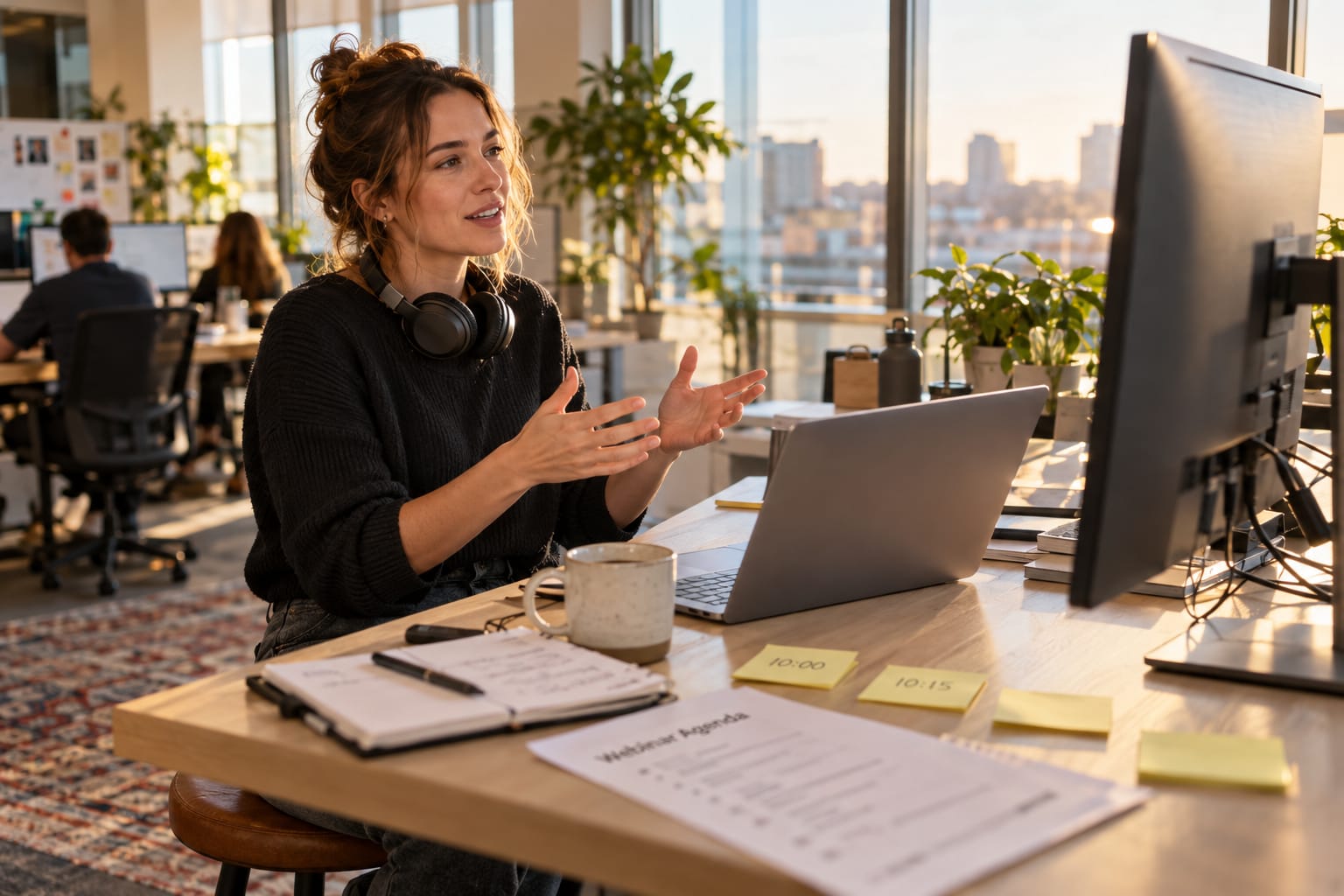 Content marketer reviewing webinar footage at her desk in a modern B2B office, external monitor blurred