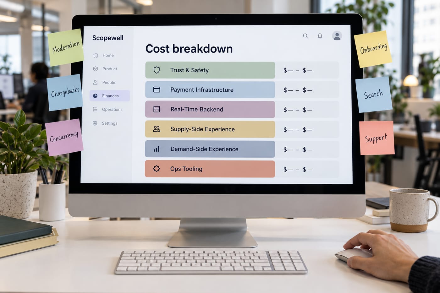 iMac displaying a color-coded cost-driver breakdown chart for a two-sided marketplace build.