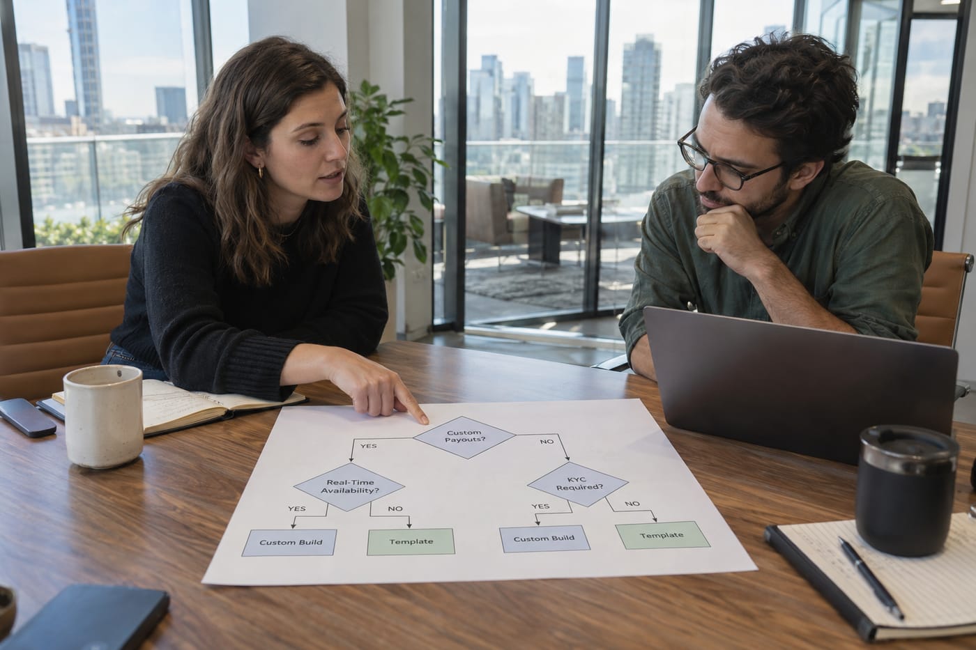 Founder and consultant reviewing a build-vs-buy decision flowchart in a US co-working meeting room.