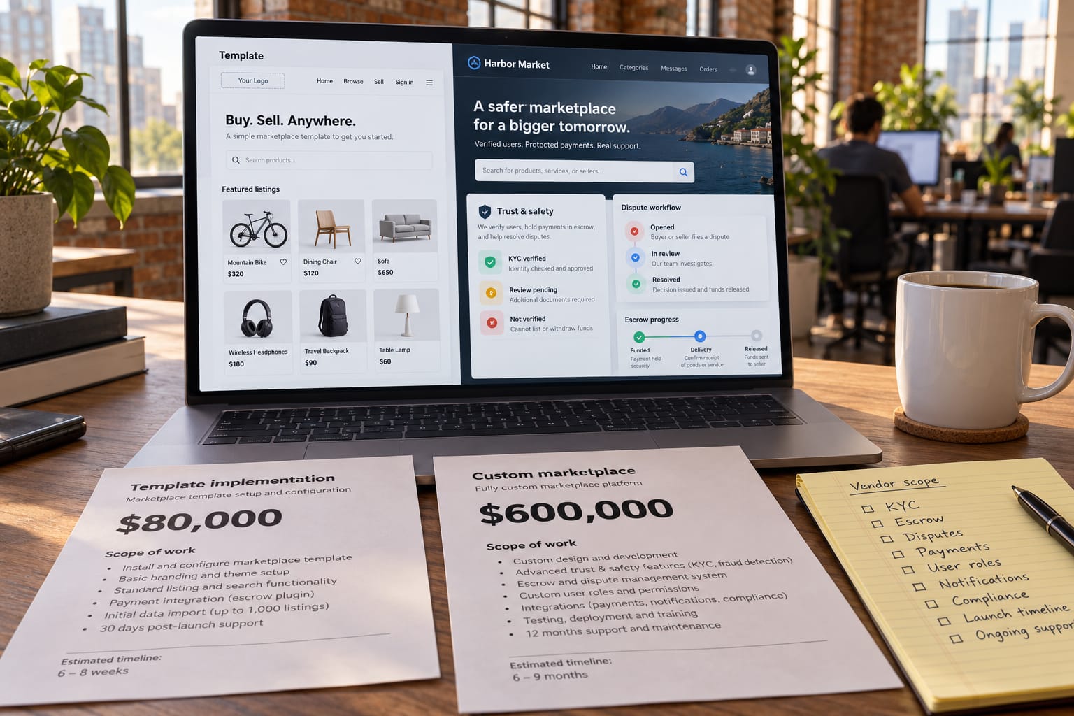 Laptop showing two marketplace UI concepts beside printed quotes of $80K and $600K on a startup office desk.