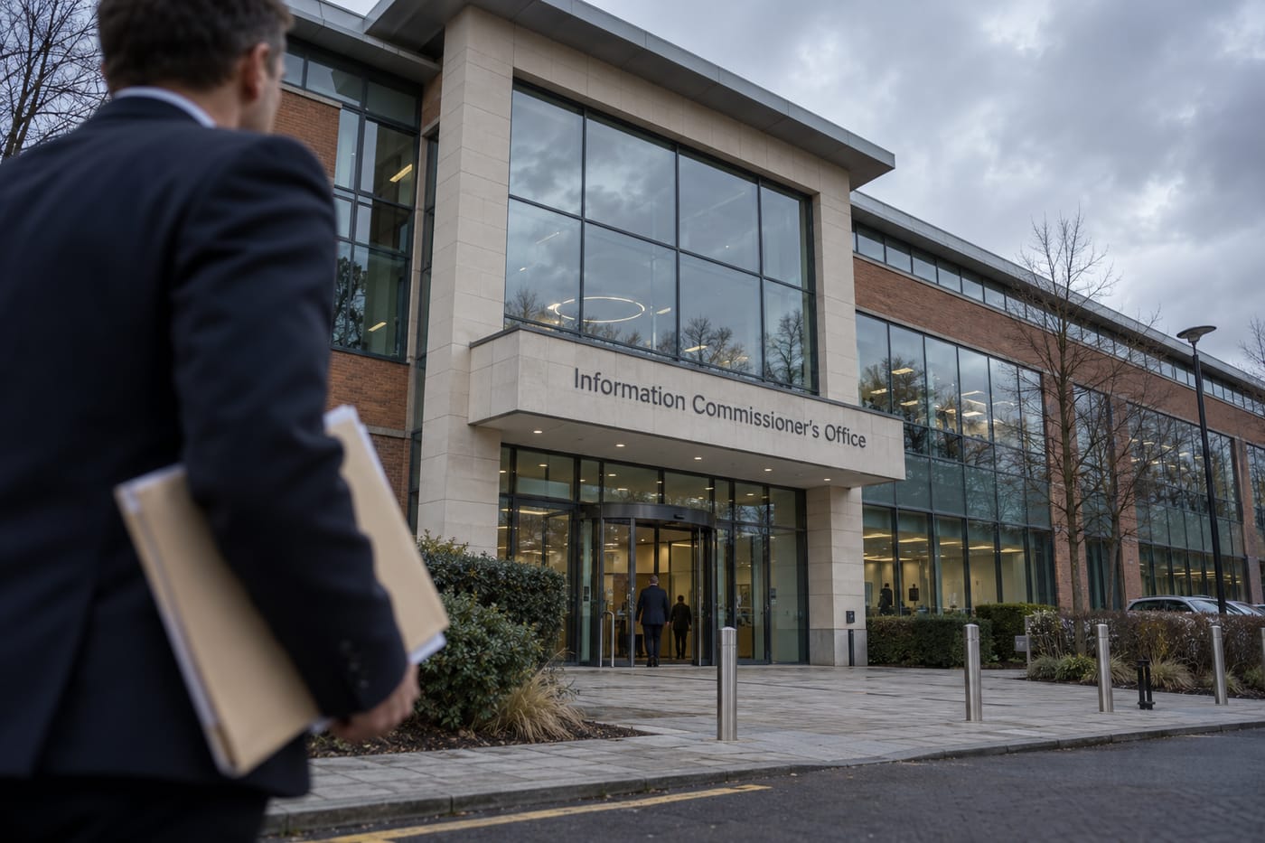 ICO office exterior in Wilmslow on an overcast day, suggesting regulatory enforcement authority for UK data protection.